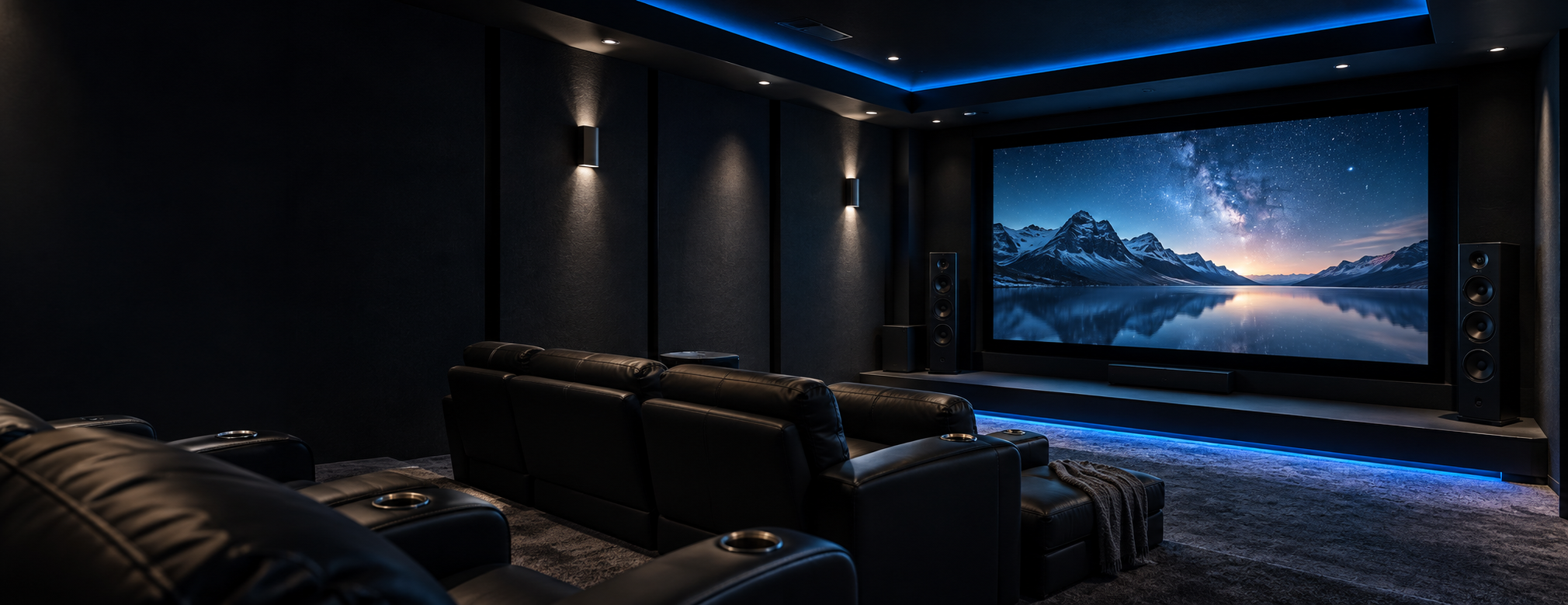 A professionally designed home theater with a large screen and blue accent lighting