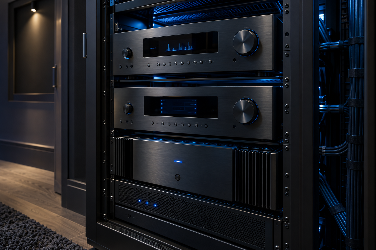 Premium brand-neutral home theater receivers and amplifiers installed in an equipment rack